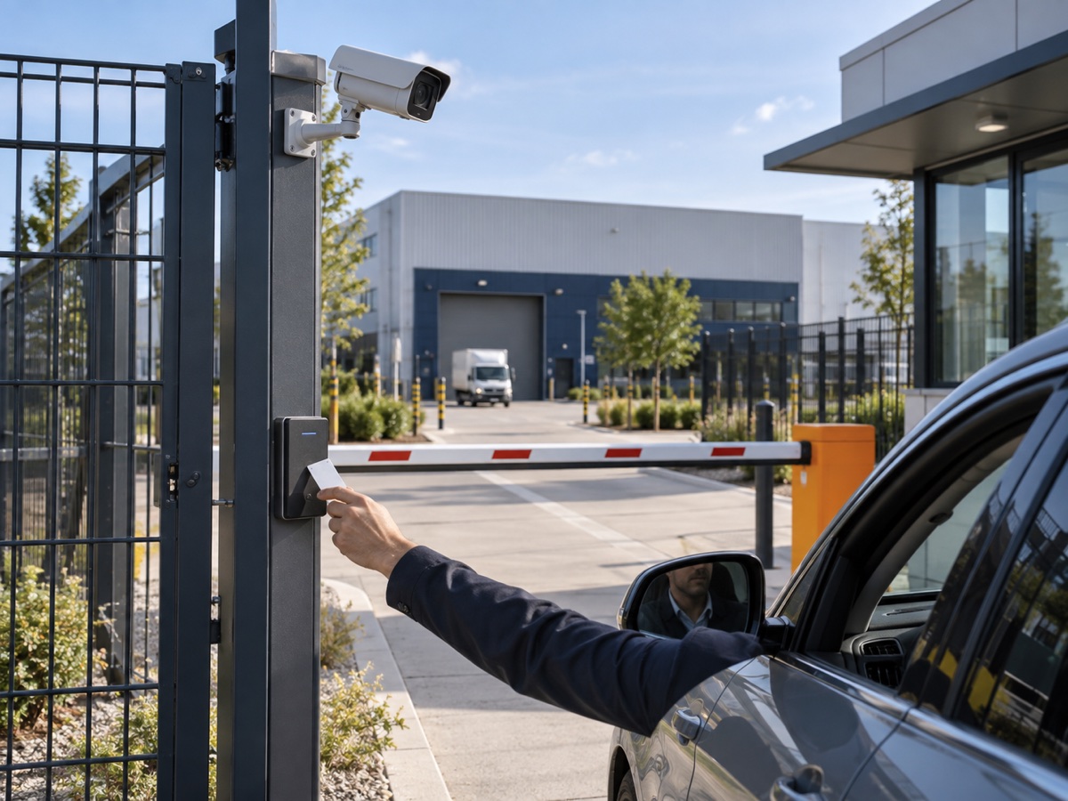 Controlled industrial entrance with CCTV, access control and a vehicle barrier