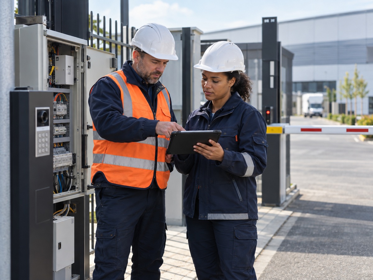 Security engineers reviewing gate-control equipment and site requirements