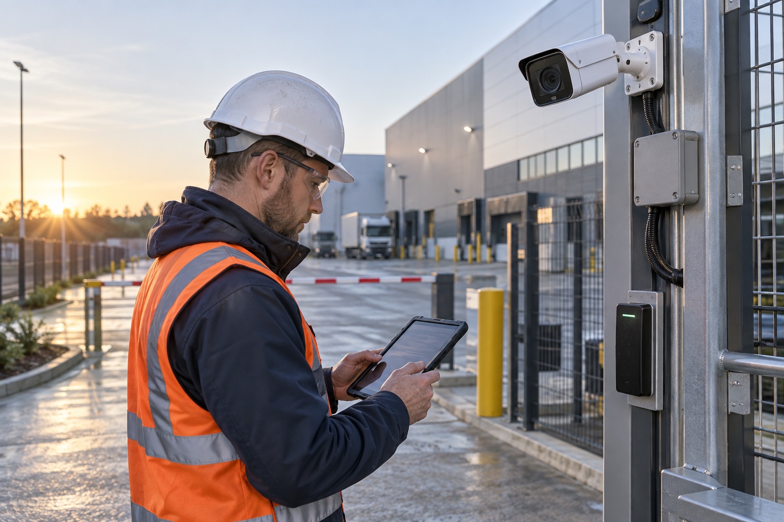 Representative security engineer commissioning video surveillance and access control equipment at an industrial entrance