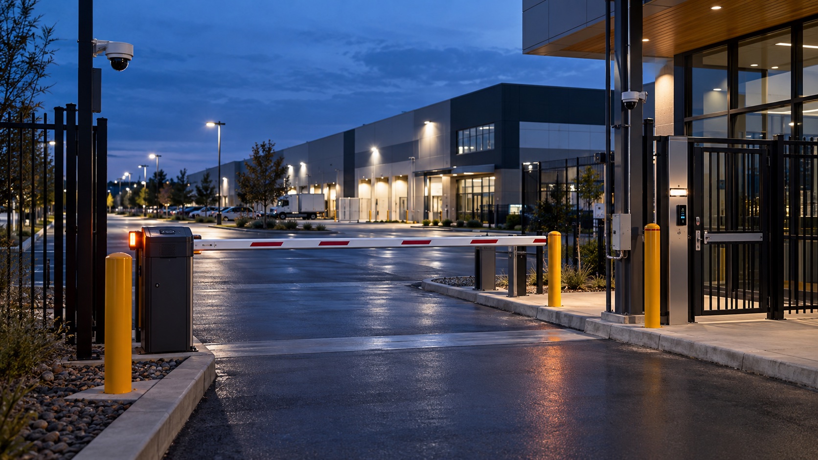Representative industrial entrance protected by video surveillance, controlled access and an automated vehicle barrier